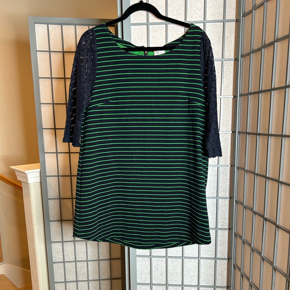 Anthropologie Postmark Striped Green and Navy Blue Tunic with Lace Sleeves